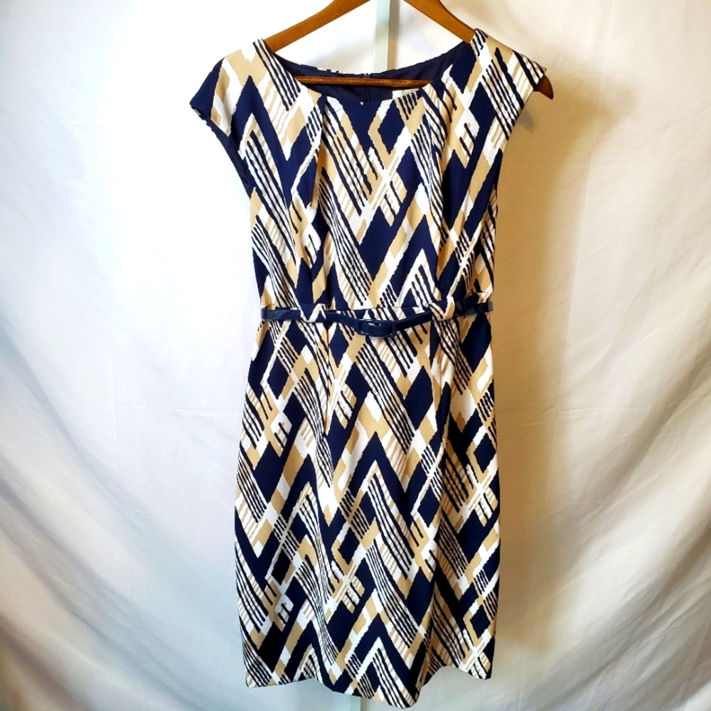 Navy and Cream Geometric Pattern Dress